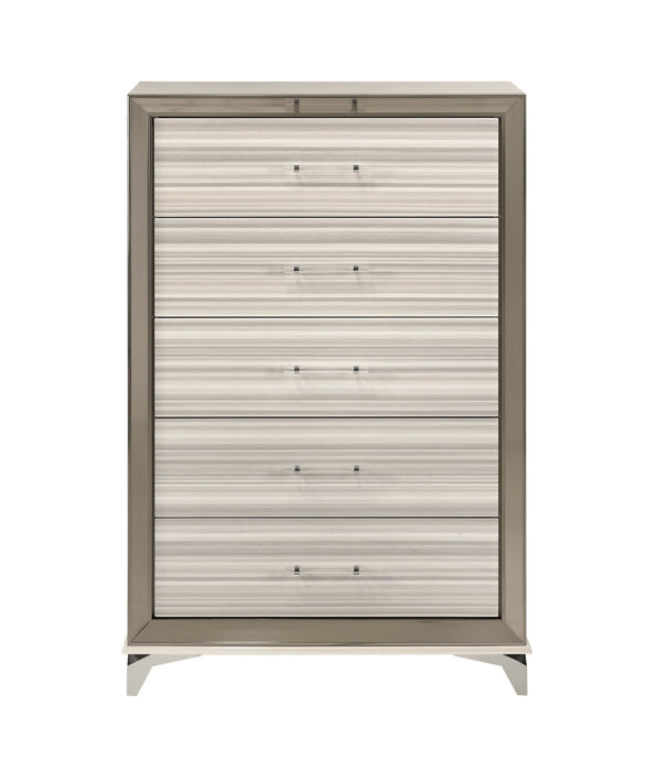 Beige and white 53-inch wood lighted five-drawer accent chest dresser with modern design and sleek hardware by HomeRoots.