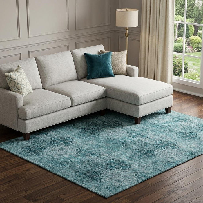 10' X 14' Floral Medallion Distressed Washable Area Rug With UV Protection (648958) - Teal / Ivory