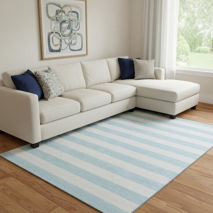 9' X 12' Striped Washable Area Rug With UV Protection (647661) - Sky Blue / Ivory