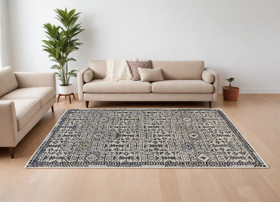 8' x 11' Wool Geometric Tufted Handmade Area Rug - Gray Ivory And Black