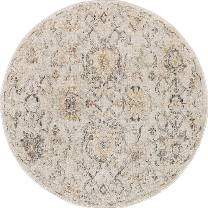 8' Floral Distressed Round Rug (573822) - Gray / Ivory / Yellow