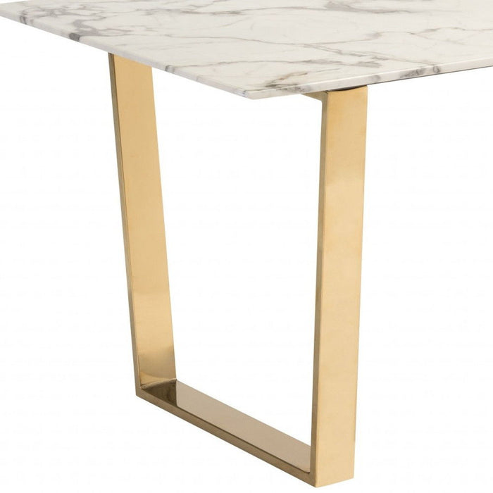 71" Faux Marble And Steel Sled Base Dining Table - White / Gold