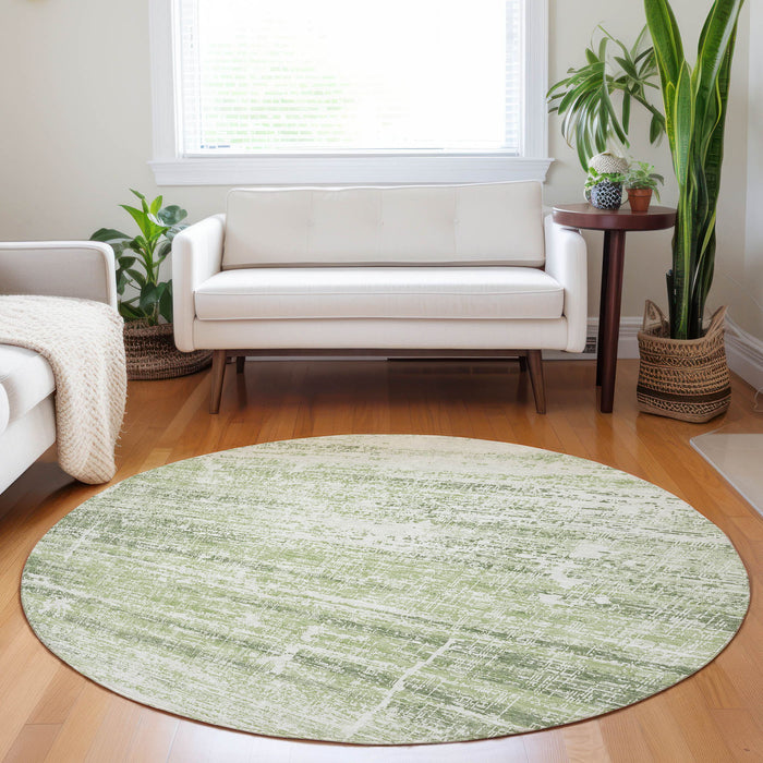 8' Abstract Washable Round Rug With UV Protection - Artichoke Green / Ivory