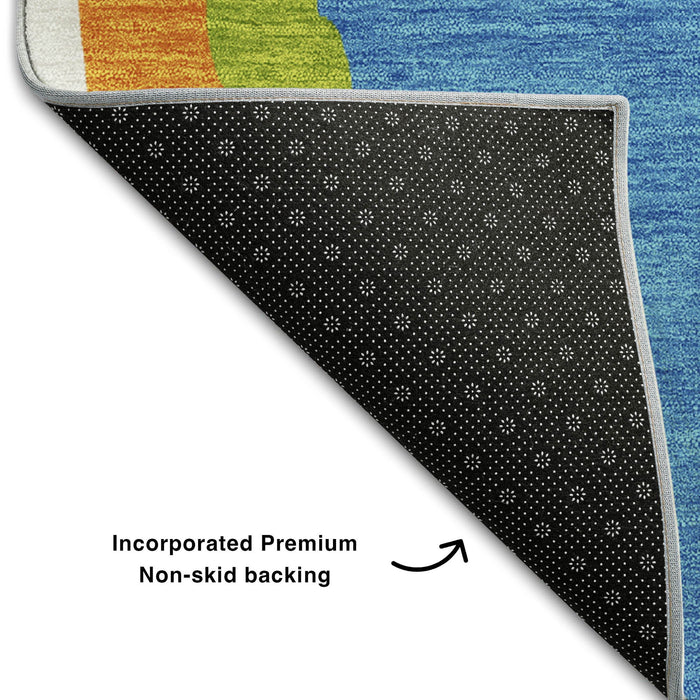 10' X 14' Abstract Washable Area Rug With UV Protection (682115) - Denim Blue / Orange / Lime Green