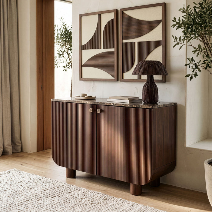 Mango wood sideboard by Meridian Furniture with sleek design and natural wood finish, featuring storage cabinets and modern style.