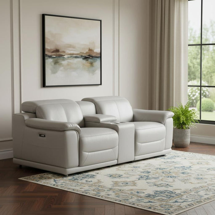 Italian Leather Power Reclining Loveseat With Storage (720574) - Light Gray / Silver
