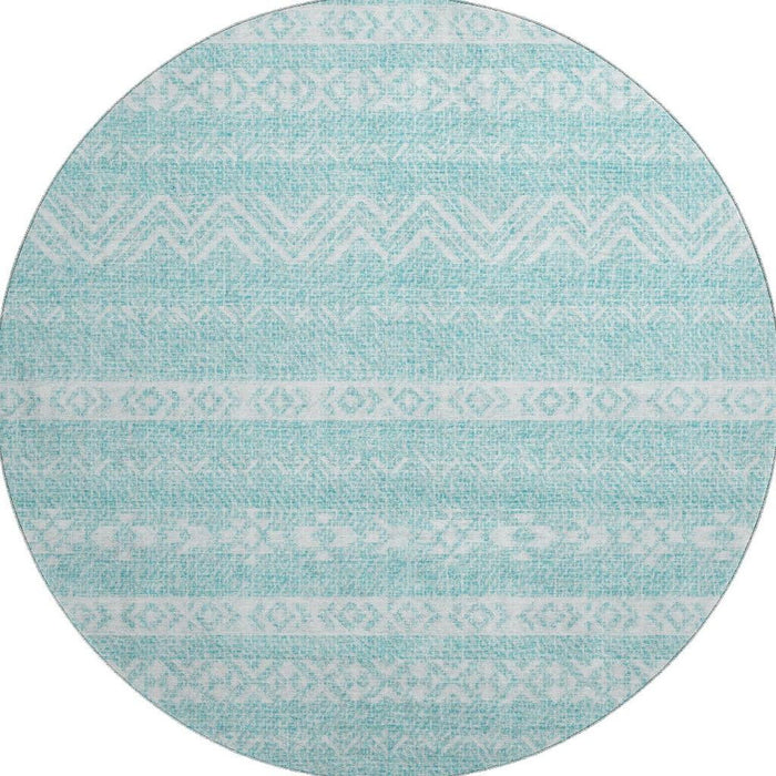 8' Southwestern Washable Round Rug With UV Protection - Teal / Ivory