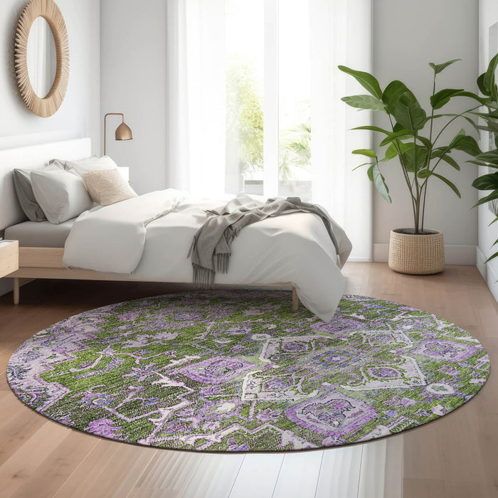 8' Floral Medallion Washable Round Rug With UV Protection - Olive Green