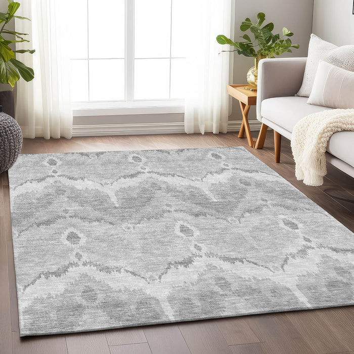 8' X 10' Ikat Washable Area Rug With UV Protection - Silver And Gray