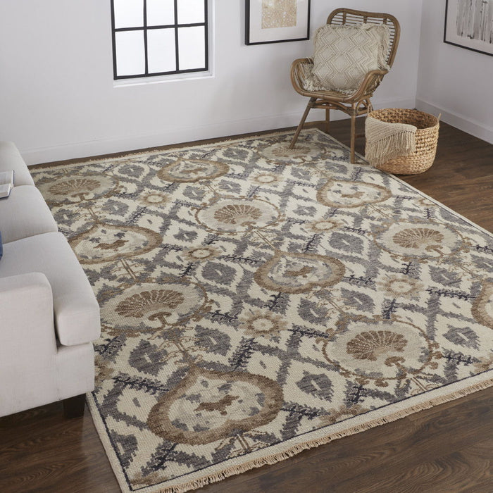 5' x 8' Wool Floral Hand Knotted Stain Resistant Area Rug - Ivory Gray And Taupe