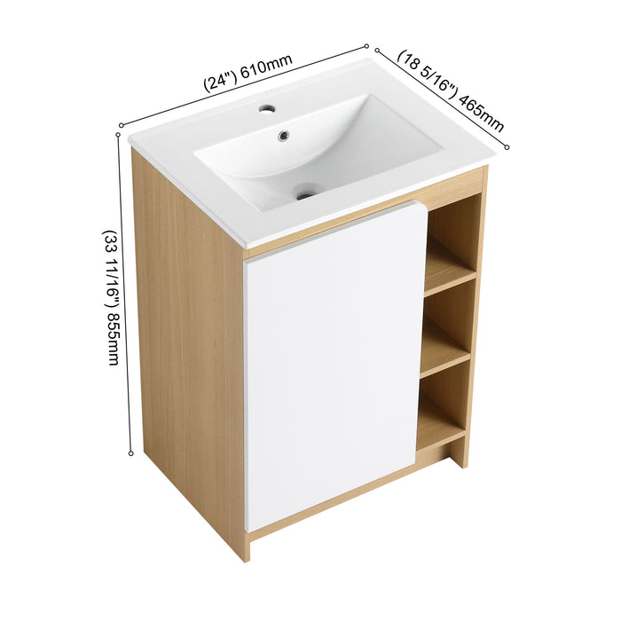Giga freestanding bathroom vanity with thin rim sink, single door, and four open shelves in light oak and white finish.