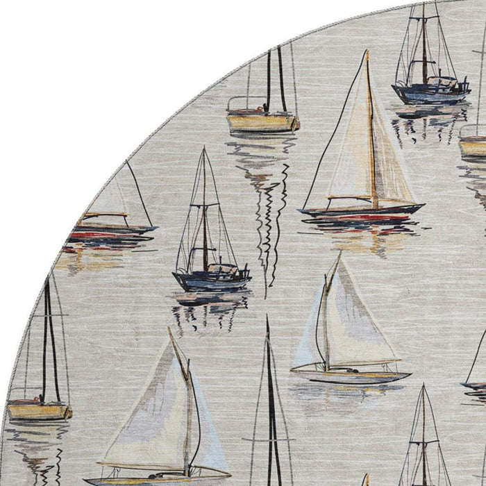 8' Nautical Washable Round Rug With UV Protection - Ivory And Black