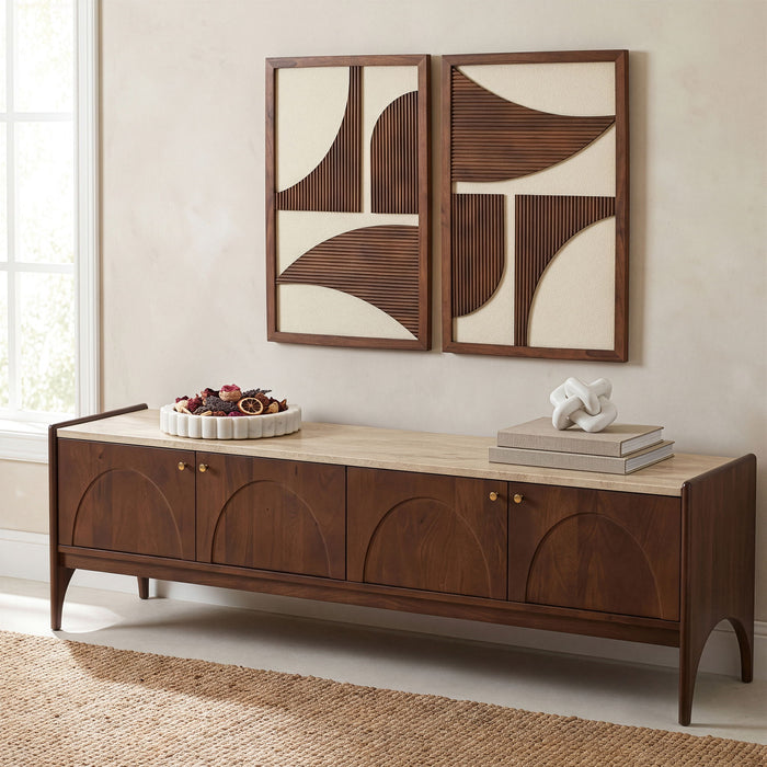 Veya media console by Meridian Furniture featuring genuine marble top and mango wood base, ideal for TV and entertainment setup.