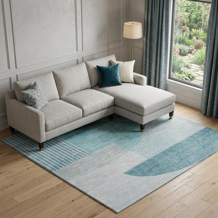 10' X 14' Geometric Washable Area Rug With UV Protection (655866) - Teal / Ivory