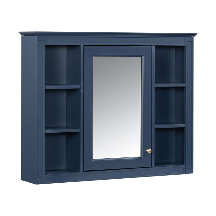 Giga wall-mounted medicine cabinet with mirror, featuring six open shelves and adjustable interior storage for bathroom essentials.