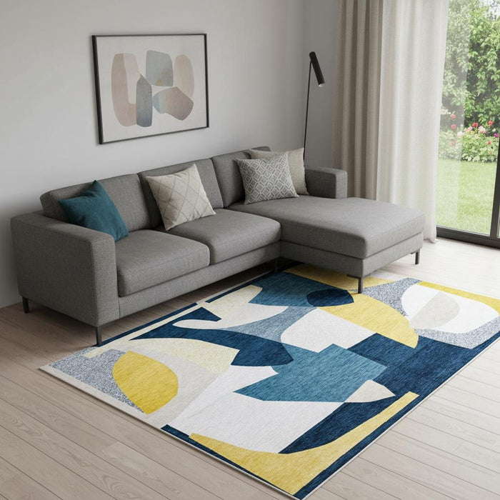 7' X 9' Abstract Washable Area Rug (552009) - Blue / Yellow