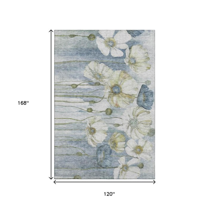 10' X 14' Floral Washable Area Rug With UV Protection (657299) - Blue / Ivory / Gold