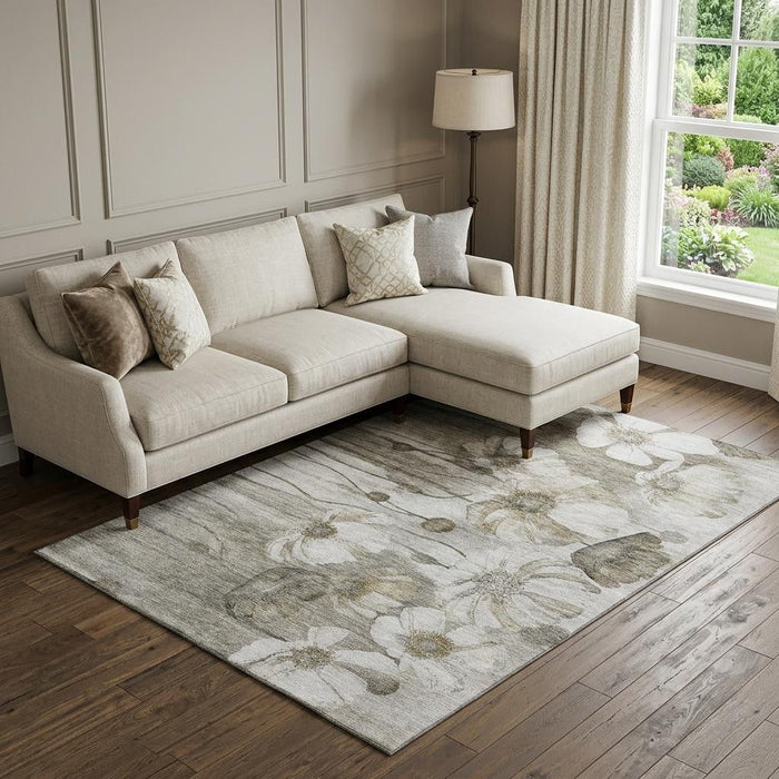 10' X 14' Floral Washable Area Rug With UV Protection (657335) - Taupe / Ivory
