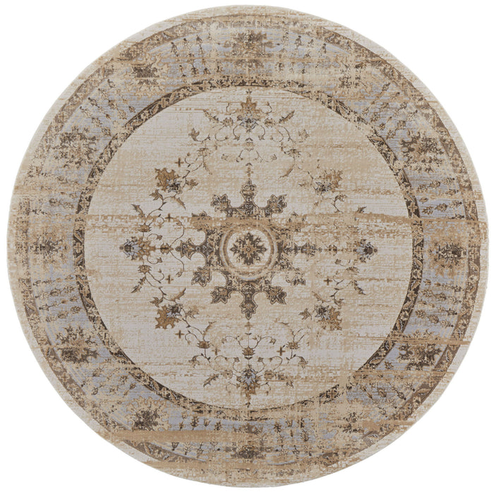 8' Round Oriental Power Loom Distressed Area Rug - Brown And Ivory