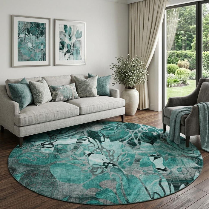 8' Abstract Distressed Washable Round Rug With UV Protection (649003) - Teal / Gray