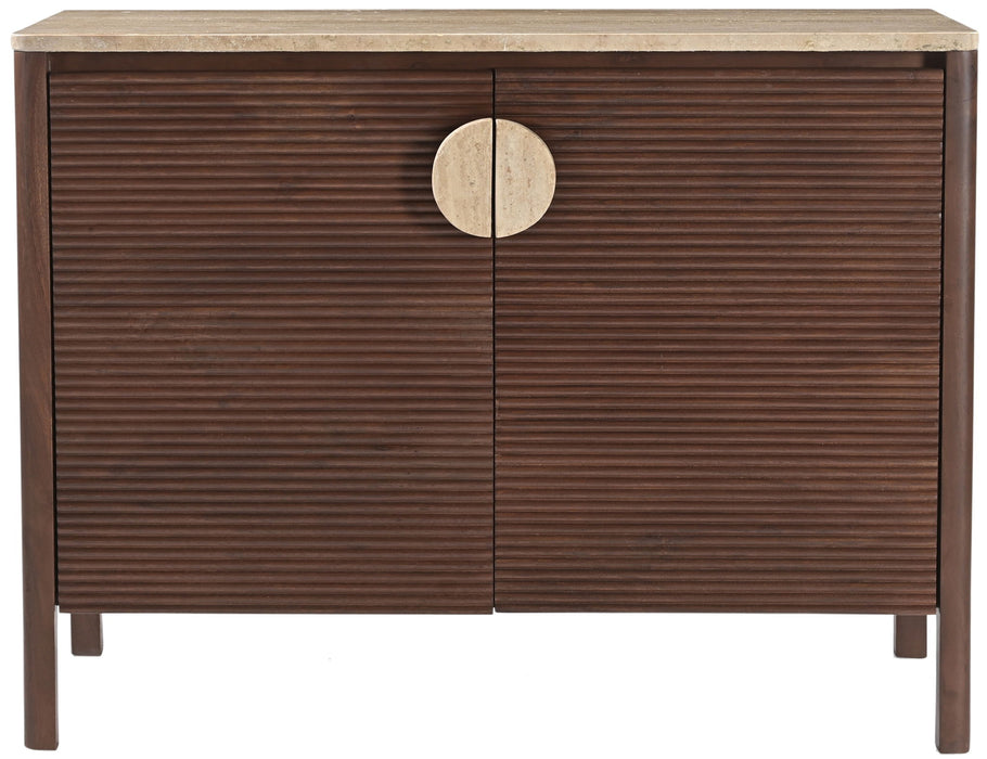 Varenna Meridian Furniture acacia wood sideboard with sleek design, featuring storage cabinets and a smooth top surface.