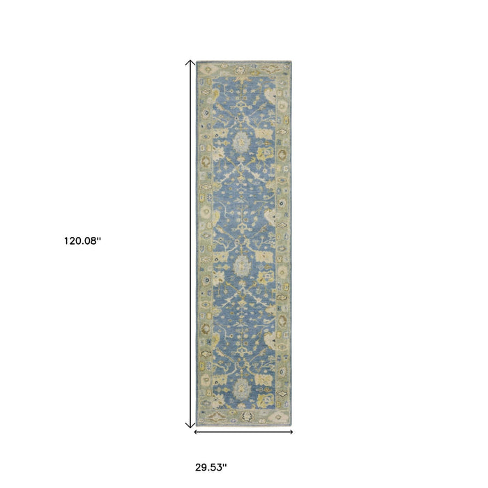 10' Wool Oriental Hand Knotted Runner Rug With Fringe - Blue And Green