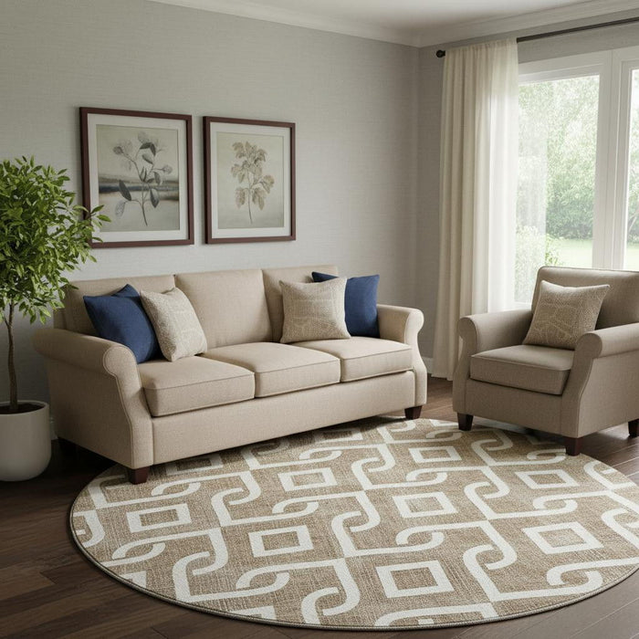 8' Geometric Washable Round Rug With UV Protection (652482) - Brown / Ivory