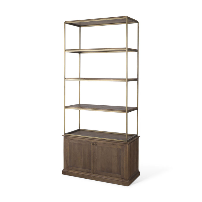 Four Tier Bookcase With Two Doors - Antiqued Brass / Brown