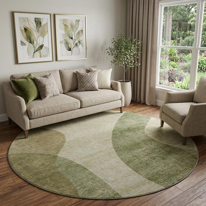 8' Geometric Washable Round Rug With UV Protection (654823) - Beige / Olive Green