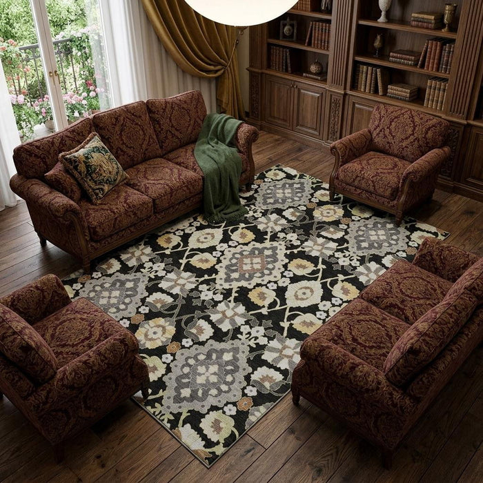 10' X 14' Oriental Washable Area Rug With UV Protection (678826) - Black / Gold / Gray