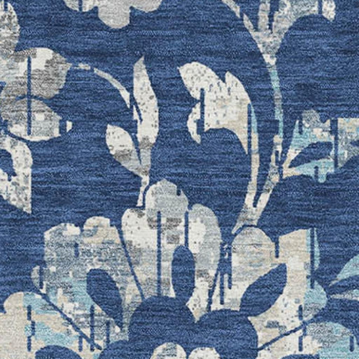 9' X 12' Floral Washable Area Rug With UV Protection (667926) - Navy Blue / Silver