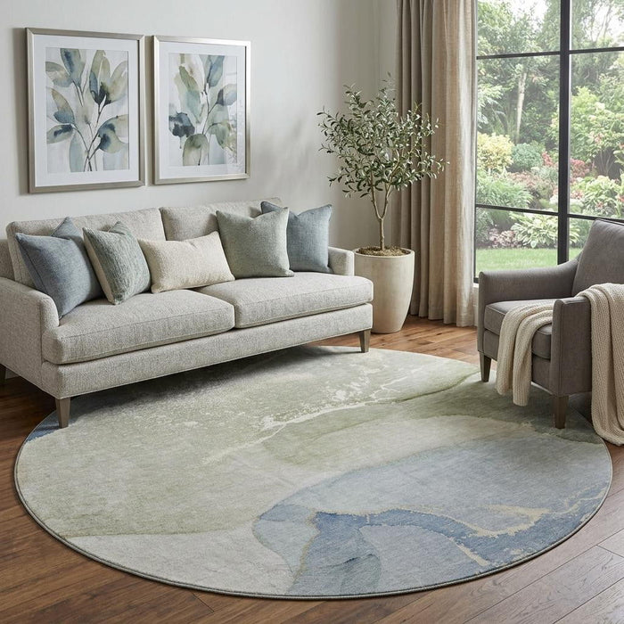 8' Abstract Washable Round Rug With UV Protection (647191) - Blue / Gray / Ivory
