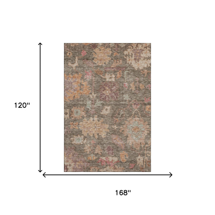 10' X 14' Floral Washable Area Rug With UV Protection (684510) - Brown / Beige / Coral