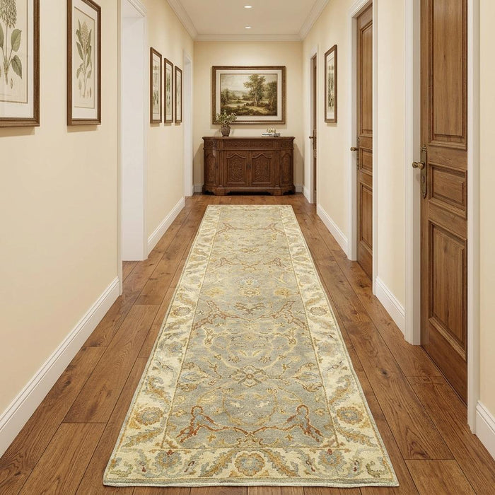 10' Wool Oriental Hand Knotted Runner Rug (575826) - Gray / Beige