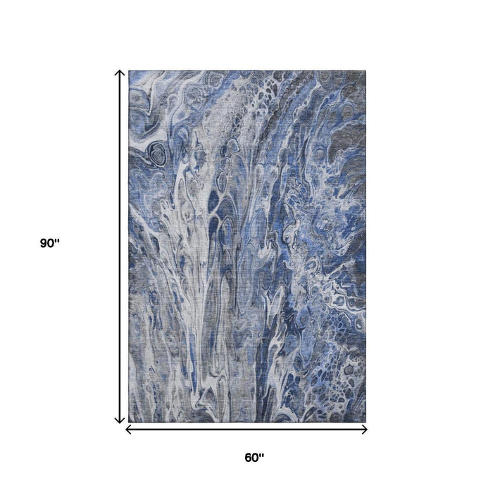 5' X 8' Abstract Washable Area Rug With UV Protection (650928) - Blue / Gray / Ivory