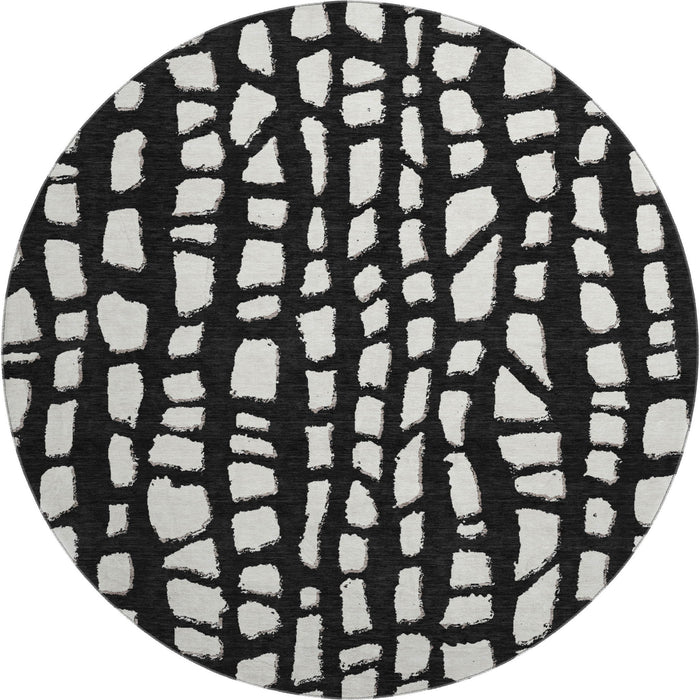 8' Cobblestone Washable Round Rug With UV Protection - Black And Ivory