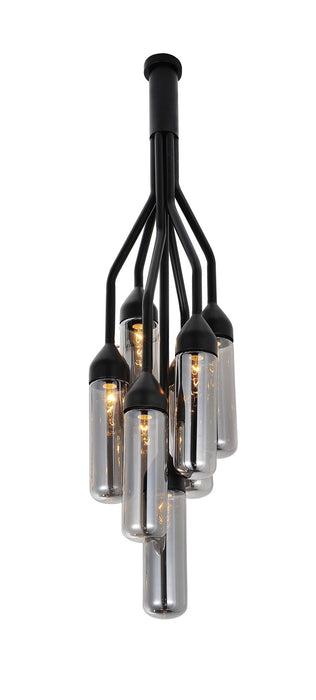 HomeRoots shaded six-light metal and glass flush ceiling chandelier with clear shades and black finish, ideal for modern lighting.