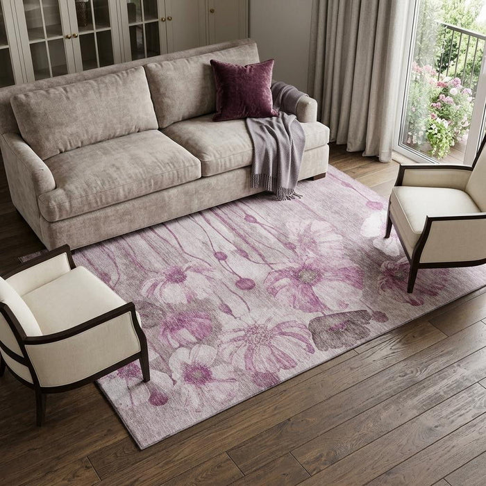 8' X 10' Floral Washable Area Rug With UV Protection (657309) - Plum / Ivory