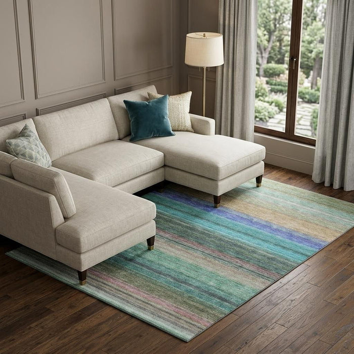 10' X 14' Striped Washable Area Rug With UV Protection (677327) - Sage / Teal / Lavender