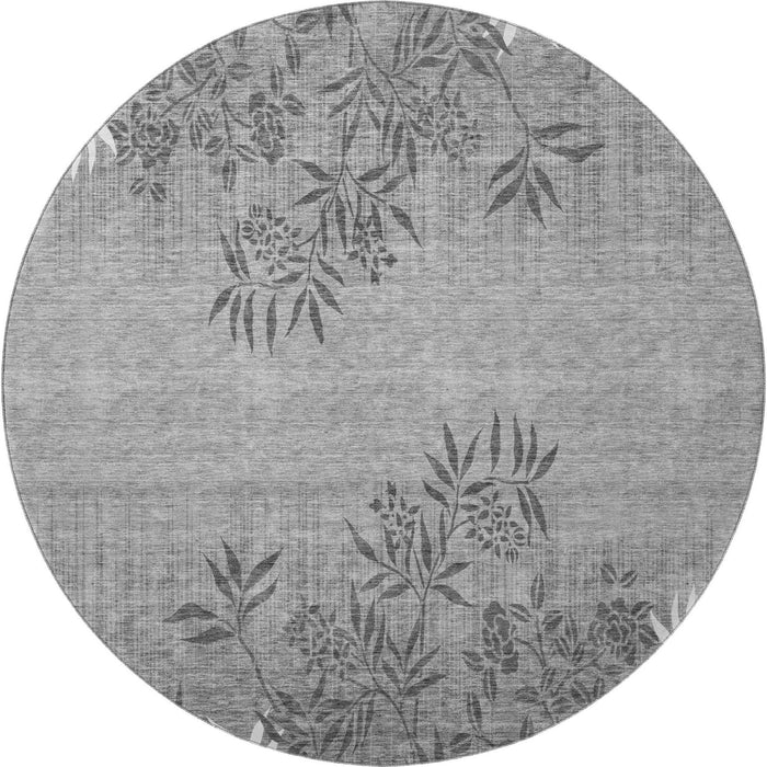 8' Floral Washable Round Rug With UV Protection (655665) - Pewter / Ivory