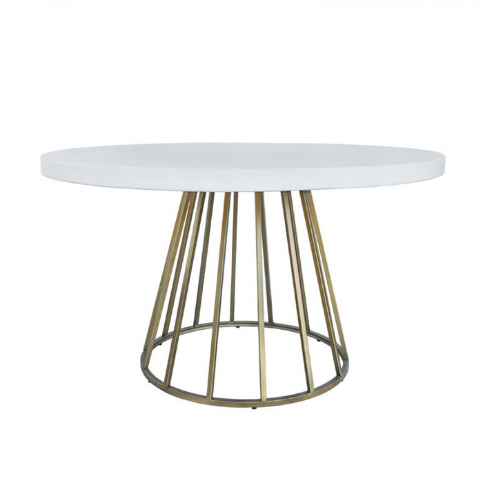 Concrete Pedestal Base Round Top Dining Table - White / Brass