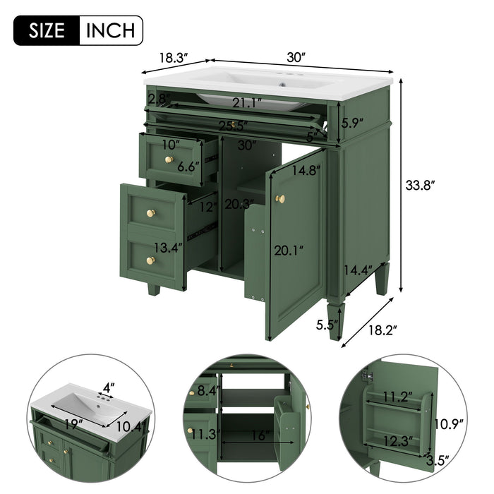 Giga bathroom vanity with top sink, storage cabinet, and two drawers including a tip-out drawer for organized bathroom storage.