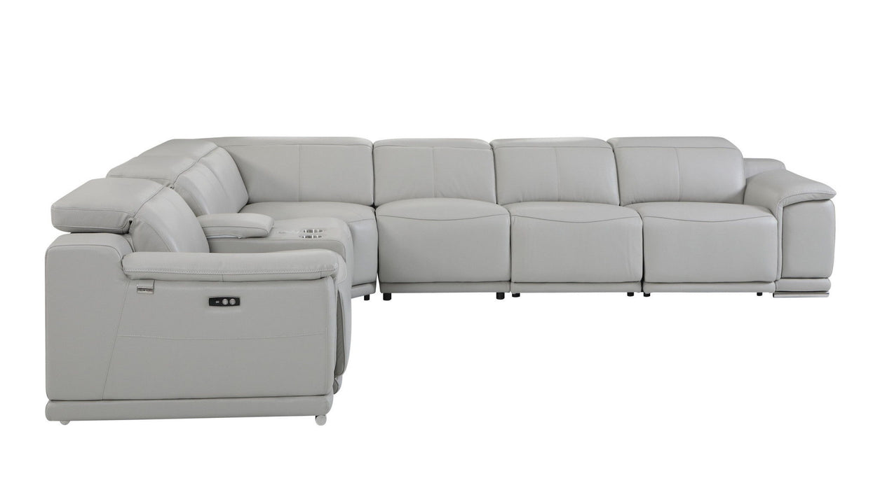 Italian Leather Power Reclining Seven Piece Corner Sectional With Console - Light Gray