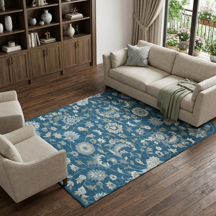 10' X 14' Floral Washable Area Rug With UV Protection (678994) - Navy Blue / Ivory / Beige