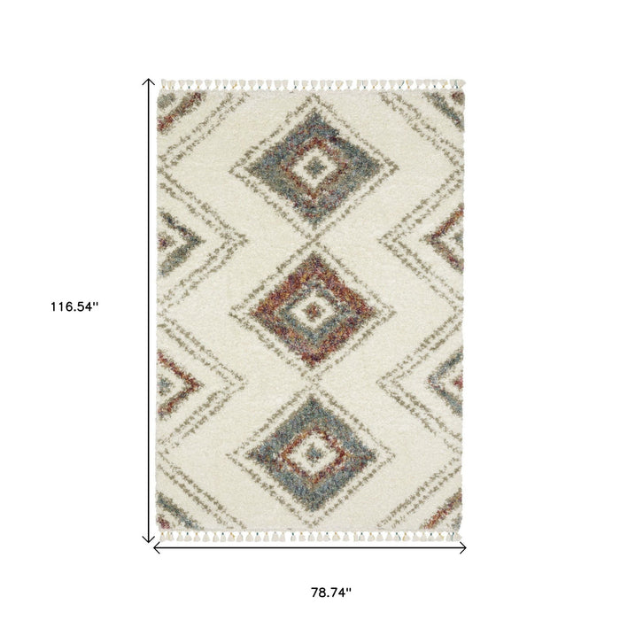 7' X 10' Southwestern Shag Area Rug With Fringe - Ivory