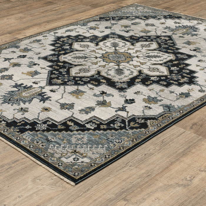 7' X 10' Medallion Area Rug With Fringe (575097) - Blue / Gray / Ivory