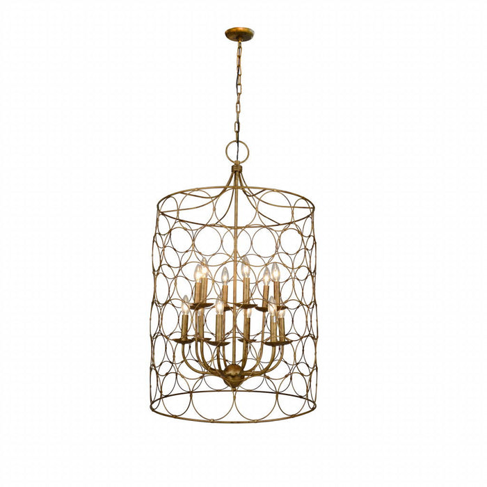Gold metal chandelier with twelve candle-style lights and shades, designed by HomeRoots, featuring an elegant and modern lighting fixture.