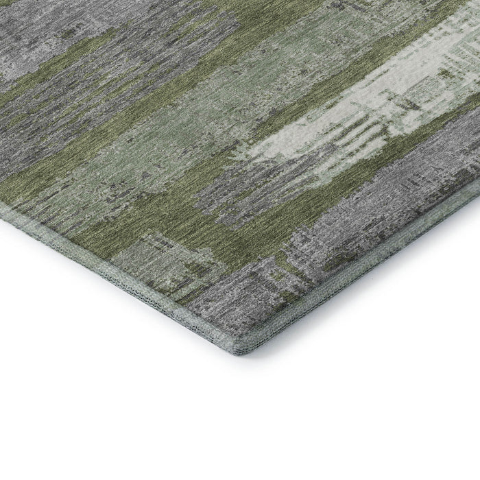 10' X 14' Striped Washable Area Rug With UV Protection (696512) - Olive Green / Gray / Silver