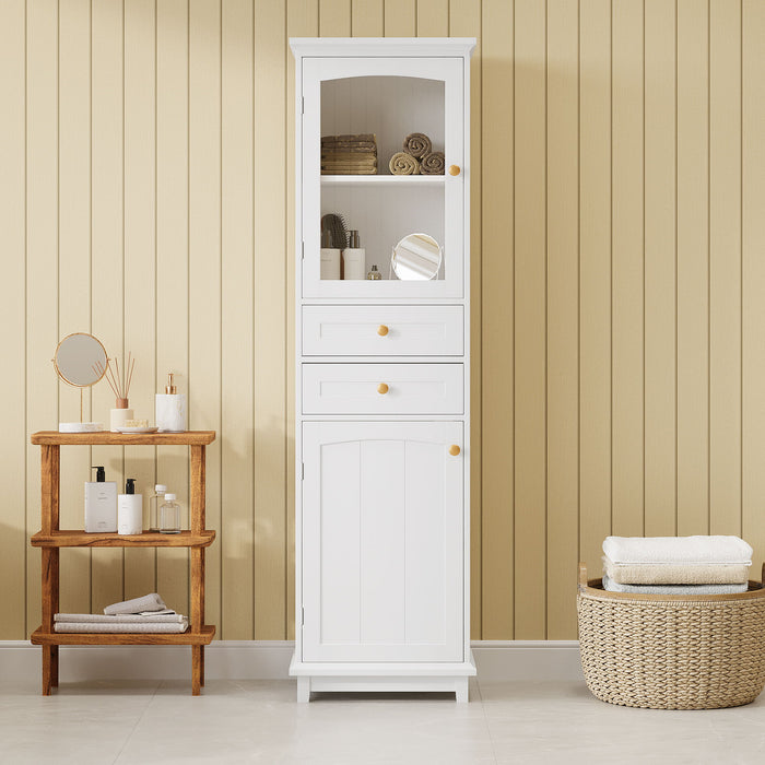 Giga tall linen cabinet with glass doors, two drawers, adjustable shelves, free-standing painted storage for bathroom or display use