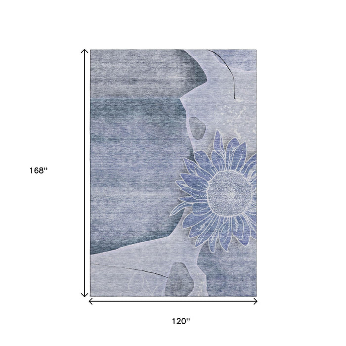 10' X 14' Floral Washable Area Rug With UV Protection (656795) - Blue / Ivory
